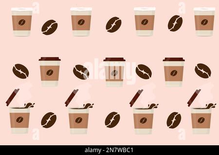 a grains of black roasted fresh coffee with paper cups latte espresso cappuccino texture pattern Stock Vector