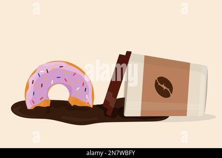 a spilled coffee with a paper cup and a bitten donut Stock Vector