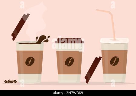 a set of paper cups of coffee latte cappuccino espresso with lid Stock Vector