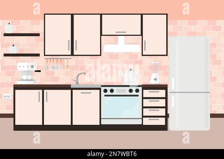 a beautiful kitchen with household appliances for cooking food refrigerator oven stove cabinets and shelves Stock Vector