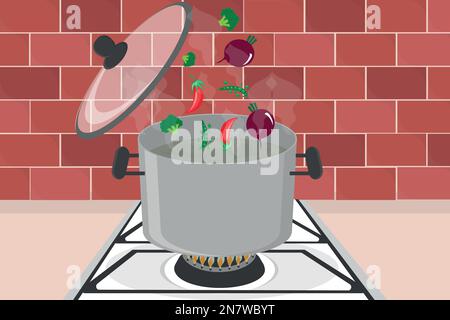 a vegetables fall into a pot on a stove with boiling water for soup Stock Vector