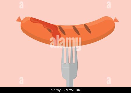 a grilled sausage with ketchup and on a fork Stock Vector