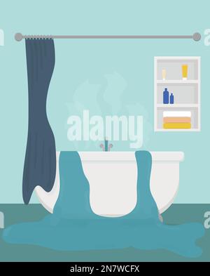 a flooded bathtub with shelves full of water flood Stock Vector