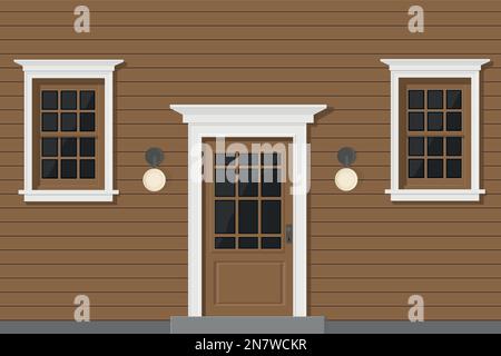 a wooden house with white windows and white door brown Stock Vector