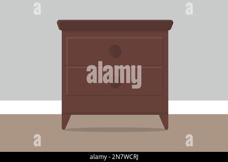 a chest of drawers in the room near the wall wooden Stock Vector