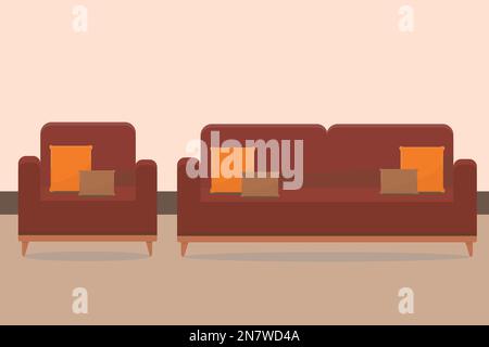 red soft armchair with sofa and pillows in the room Stock Vector