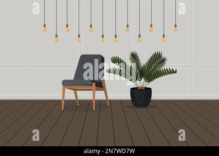 a modern loft style interior with palm plant armchair and wooden floor Stock Vector