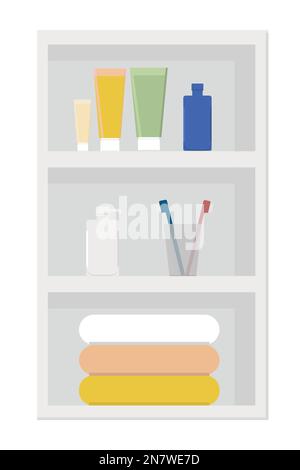 a cosmetics and soap on a white shelf in the bathroom cabinet Stock Vector