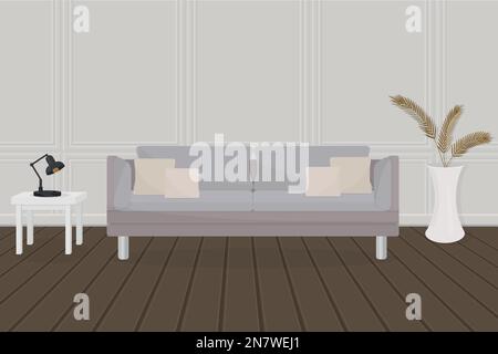 a room interior with sofa table wooden floor wall decor table lamp and plant in vase Stock Vector