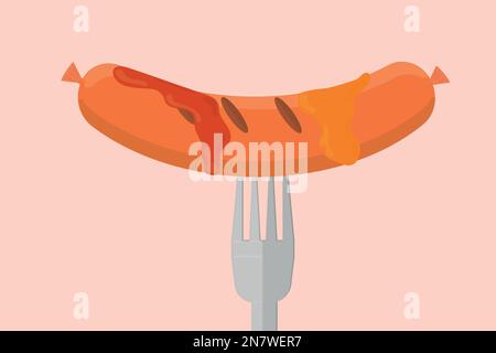 a grilled sausage with ketchup and mustard on a fork Stock Vector