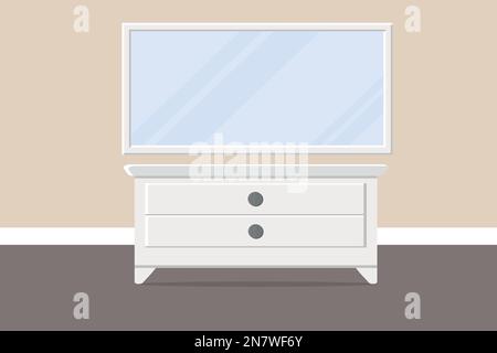 a large mirror with table and cabinet in the room Stock Vector