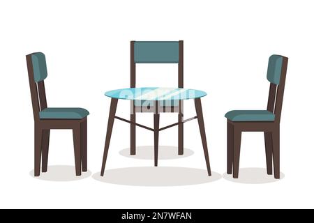 a kitchen set wooden chairs and glass table on white background Stock Vector