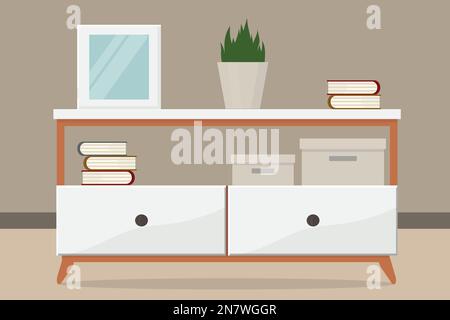 a small cabinet with items in the room Stock Vector