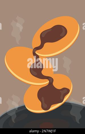 fried pancakes in a pan with chocolate sauce for breakfast Stock Vector