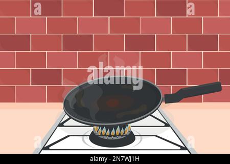 a hot frying pan with non-stick coating on gas stove fire kitchen vector illustration Stock Vector