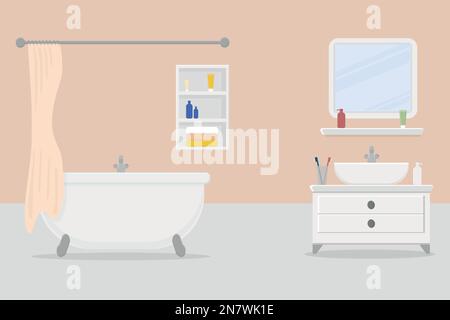 large white bathtub with a tap and a curtain and a shelf with towels and cosmetics and mirorr Stock Vector