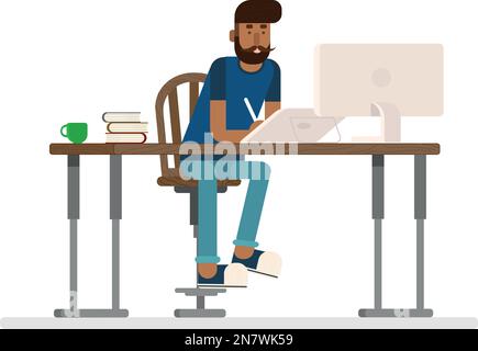hipster man working at the table on the computer Stock Vector