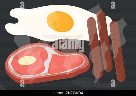 a meat steak in a pan with sausages and fried eggs Stock Vector