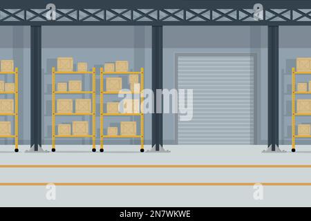 large warehouse with goods for the delivery of boxes of parcels of goods on the shelves Stock Vector