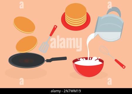 a pancake making set milk frying pan spatula whisk plate vector illustration Stock Vector