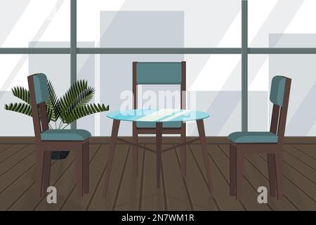a table and chairs in a cafe with windows and a view of the city Stock Vector