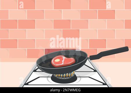 large tasty steak is fried in a hot pan in the kitchen on a gas stove Stock Vector