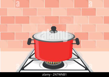 Boiling water in red pot pan on top of stove flames with smokes vector  illustration isolated on white landscape horizontal background template.  Simple flat art styled cooking themed drawing. 23334385 Vector Art