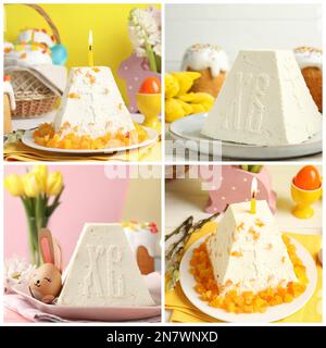 Collage with photos of cheese Easter paskhas Stock Photo