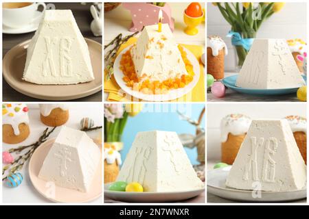 Collage with photos of cheese Easter paskhas Stock Photo