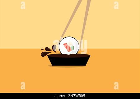 a sushi roll in soy sauce on bamboo sticks Stock Vector
