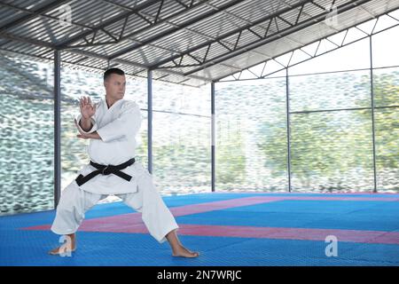 CHERNOMORKA, UKRAINE - JULY 10, 2020: Mature man practicing karate on training ground, space for text Stock Photo