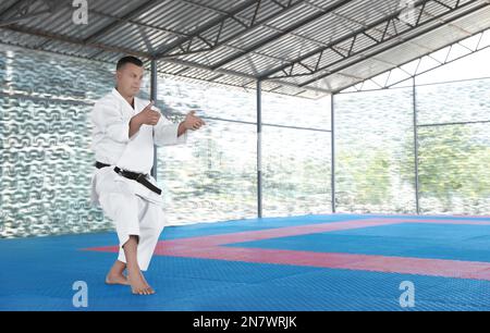 CHERNOMORKA, UKRAINE - JULY 10, 2020: Mature man practicing karate on training ground, space for text Stock Photo