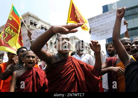 Hard-line Sri Lankan Buddhist monks representing 'Sinhala Ravaya' or 'the voice of Sinhalase' shout slogans during a protest outside the Indian High Commission in Colombo, Sri Lanka, Tuesday, March 19, 2013. Protesters condemned the recent attacks on Sri Lankan Buddhist monks and pilgrims in the southern Indian state of Tamil Nadu and demanded protection for its citizens visiting the state. (AP Photo/Sanka Gayashan)