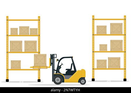 a large warehouse with shelves and boxes for goods and parcels by forklift yellow Stock Vector