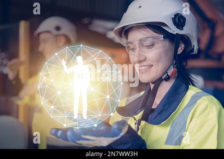 industry engineer worker with holographic AI man assistant graphics at hand for help working concept Stock Photo