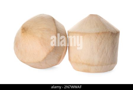 Fresh young peeled coconuts on white background Stock Photo