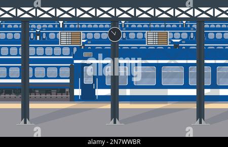 lot of passenger trains at the big railway station station Stock Vector