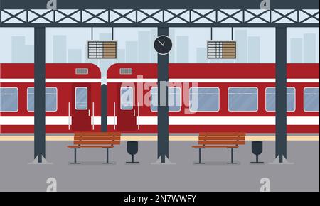 a red passenger train at train station train station in city Stock Vector