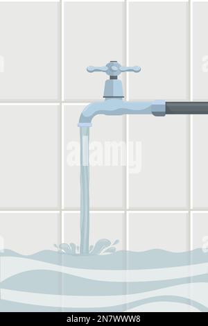 a clean water is poured in a bathtub with tiles on the wall from a water tap Stock Vector