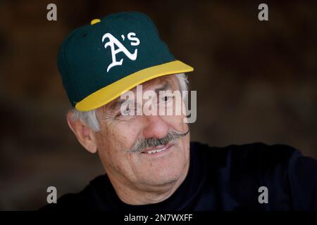 Former Oakland Athletics player Rollie Fingers during a ceremony honoring  the Athletics' 1973 World Series championship team before a baseball game  between the Athletics and the New York Mets in Oakland, Calif.