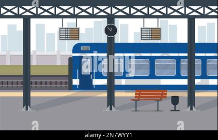 a blue passenger train at train station train station in city Stock Vector