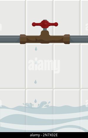 red valve on a water pipe from which drops drip from a crack Stock Vector