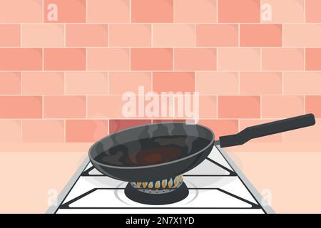 a hot frying pan with non-stick coating on gas stove fire kitchen vector illustration Stock Vector