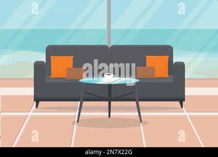 sofa and a table with a cup of coffee stands in a room overlooking the sea Stock Vector
