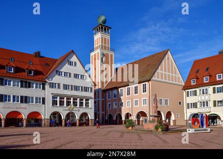 Old facades and town hall on the market square of Freudenstadt, Germany's largest market square, Black Forest, Baden-Wuerttemberg, Germany Stock Photo