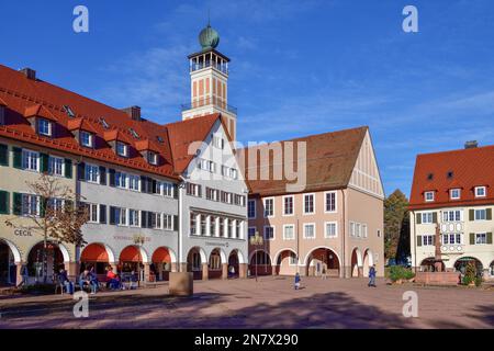 Old facades and town hall on the market square of Freudenstadt, Germany's largest market square, Black Forest, Baden-Wuerttemberg, Germany Stock Photo