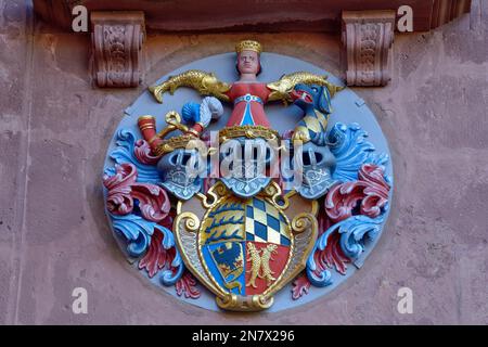 Coat of arms on the Protestant town church on the market square, Freudenstadt, Black Forest, Baden-Wuerttemberg, Germany Stock Photo