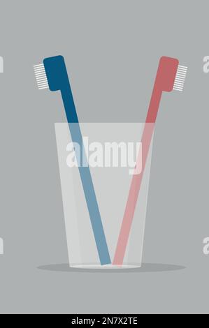 a two toothbrushes in a transparent glass on a white background Stock Vector