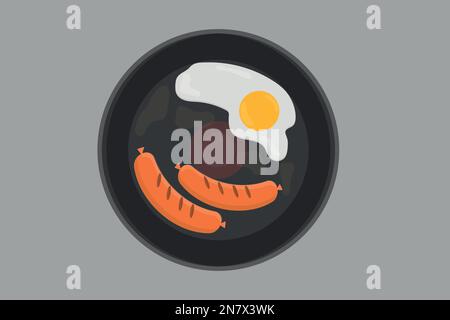 a sausages and scrambled eggs in a pan fried meat breakfast Stock Vector