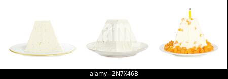 Set with traditional cottage cheese Easter paskhas on white background, banner design Stock Photo